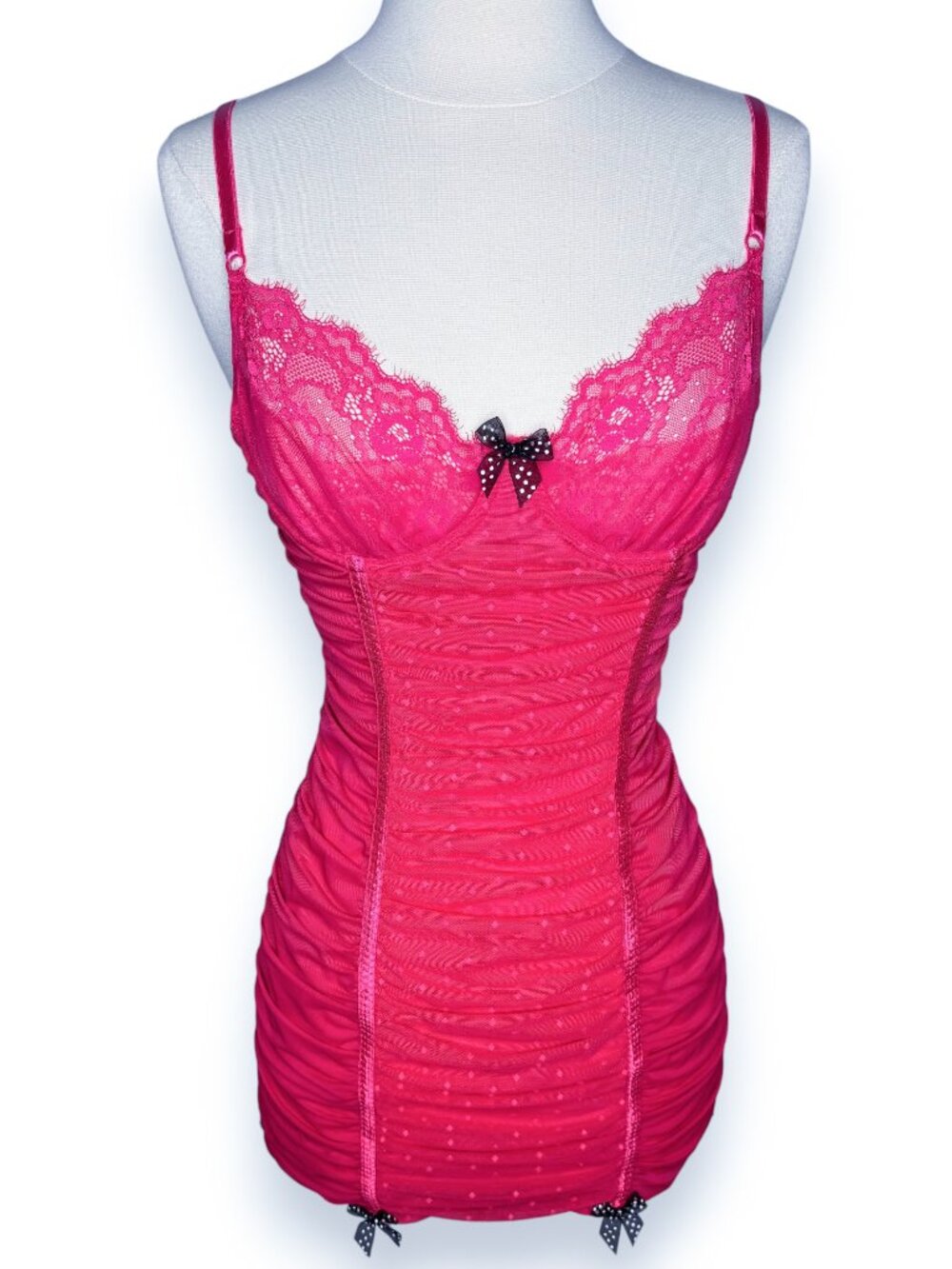 Jezebel Pink Ruched Mesh Lace Underwire Sheer Cups Lingerie Bows Size Small